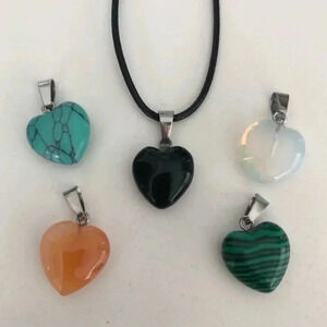 5 Stone Heart Pendants & Braided Black Stainless Steel Cord Necklace NWT